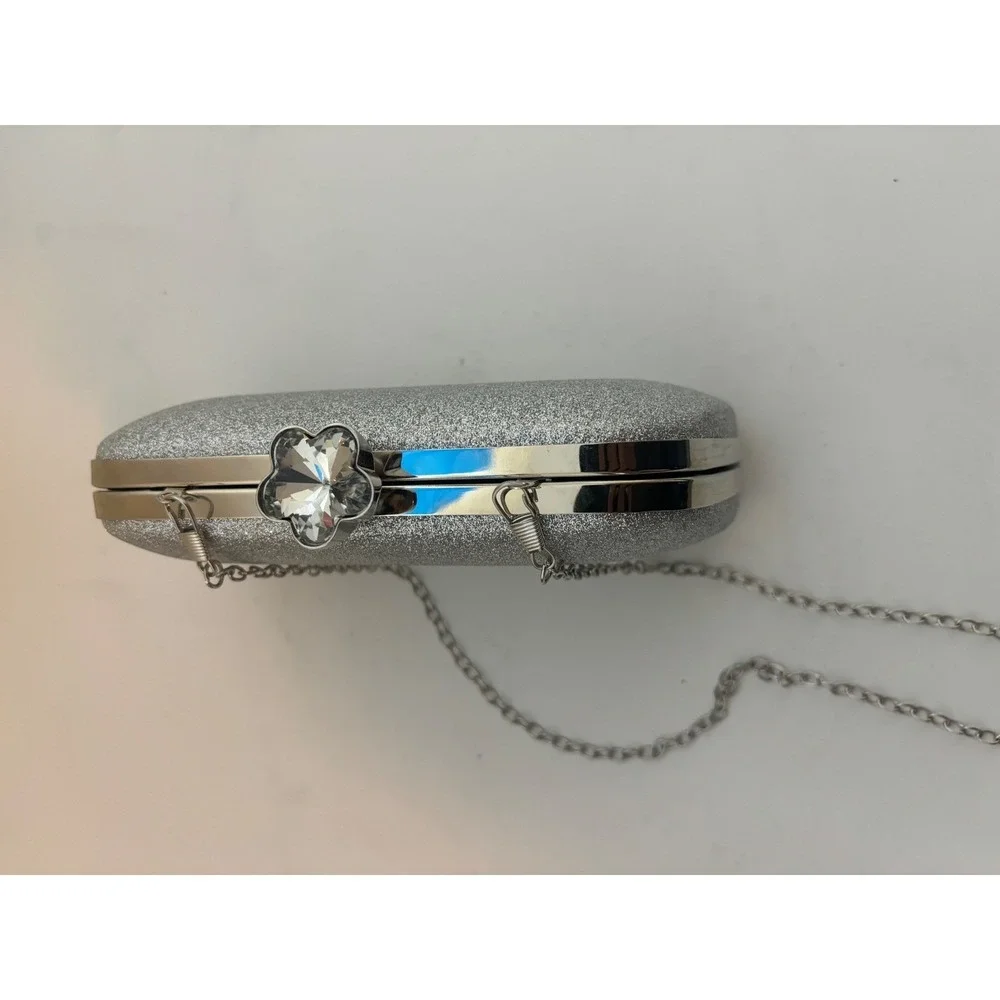 Silver Glitter Evening Clutch Bag Flower Crystal Clasp Chain Strap Formal Purse‎